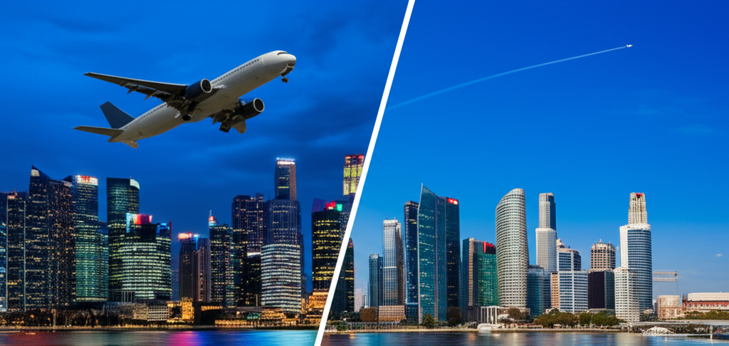 Generate a high-quality, relevant image prompt for an article about: How long is the flight from Sin